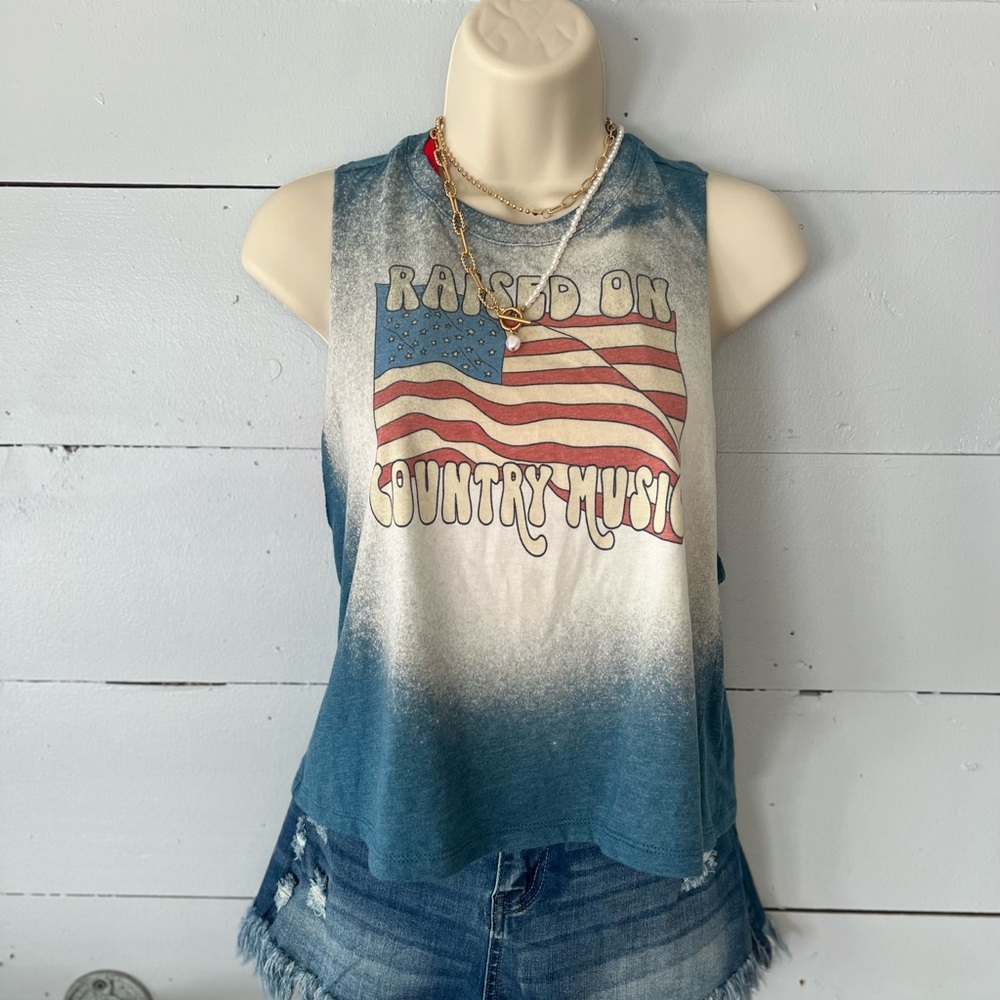 “Raised on Country Music” Bleached Dyed Sublimation Cropped Flag Muscle Tee Tank